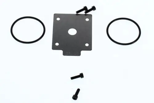 BOSCH Gasdrossel besteht aus einer rechteckigen Metallplatte mit zwei O-Ringen und mehreren Schrauben, angeordnet auf einem weißen Hintergrund.